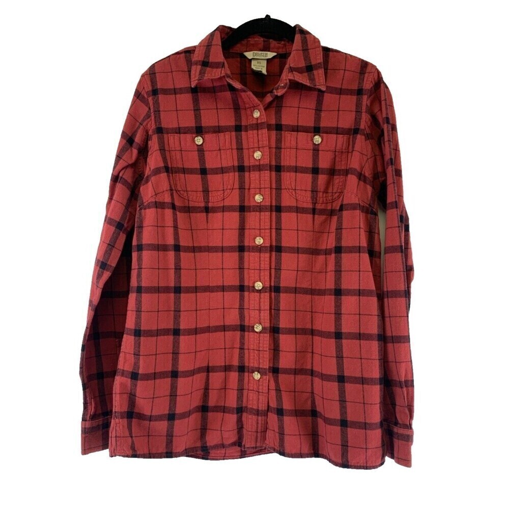 Duluth Trading Free Swingin Flannel Shirt Red Plaid Button Collar 65505 Women XS